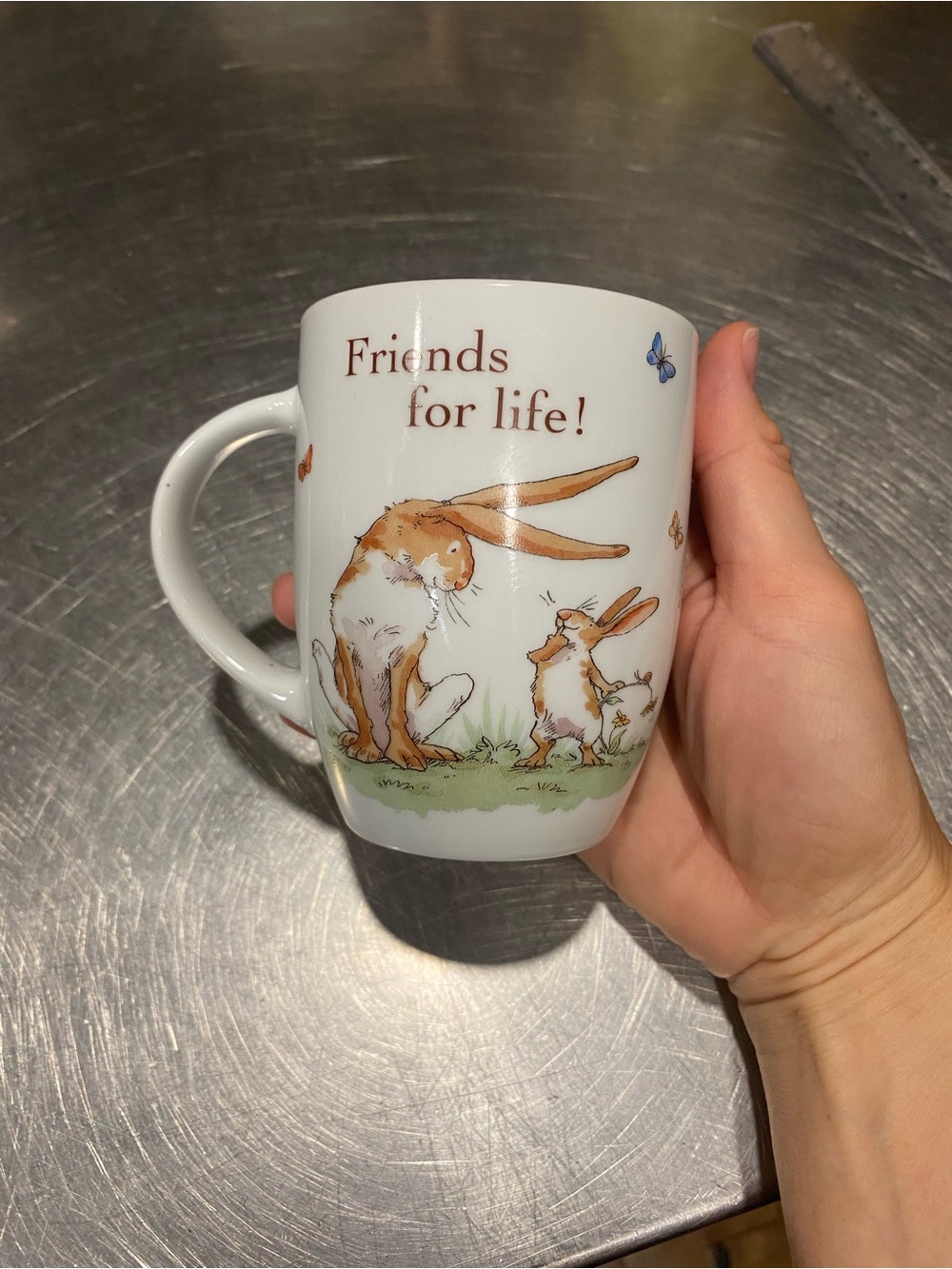 White Ceramic 'Friends for Life' Bunny Mug - Brown & Cream Design